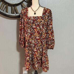 Floral Square-Neck Mini Dress - Rust Multi